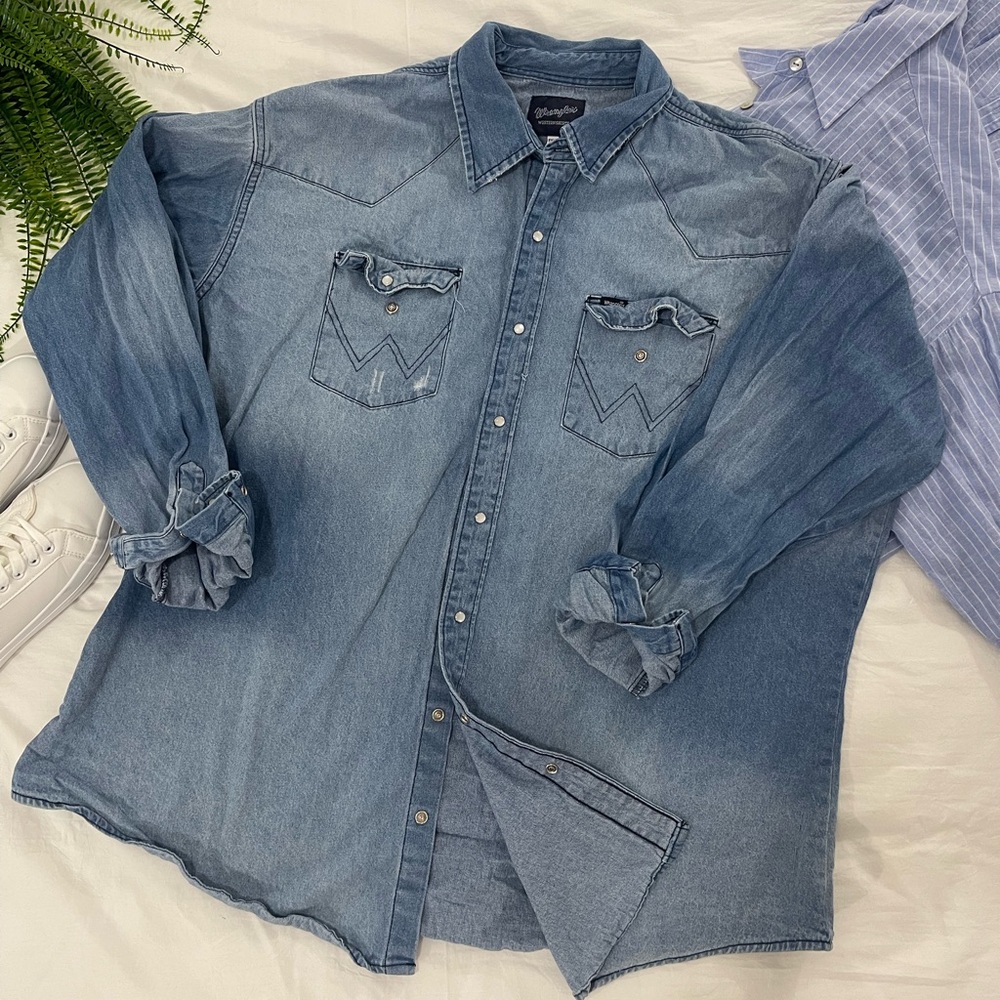 Wrangler Western Denim Snap Shirt XXL Vintage Wash Cowboy Style